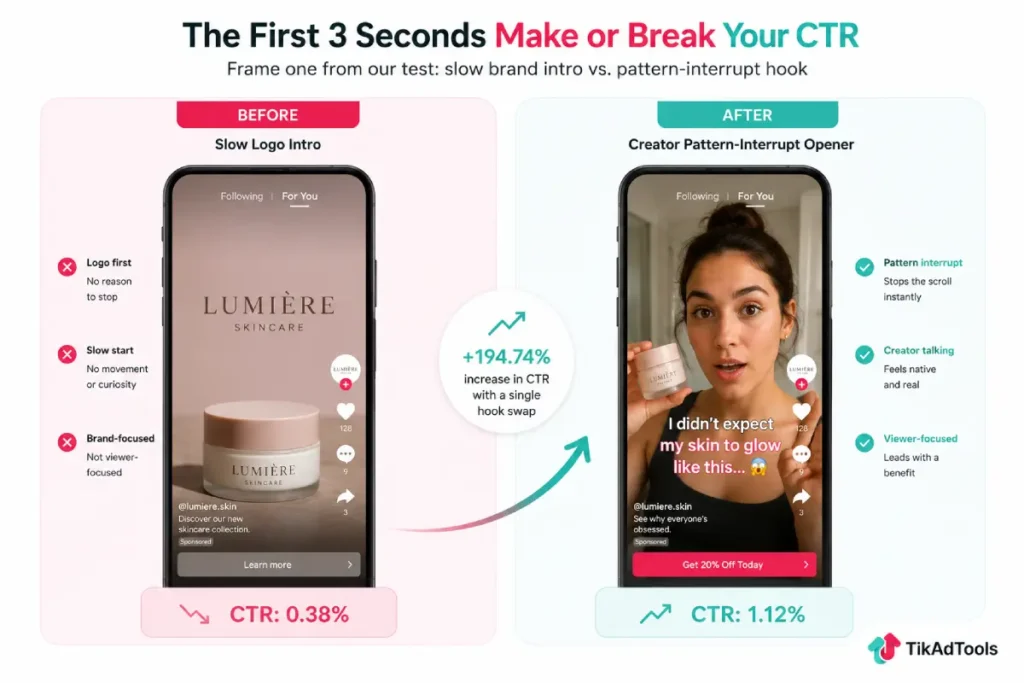 Before-and-after TikTok ad hook test showing CTR improvement