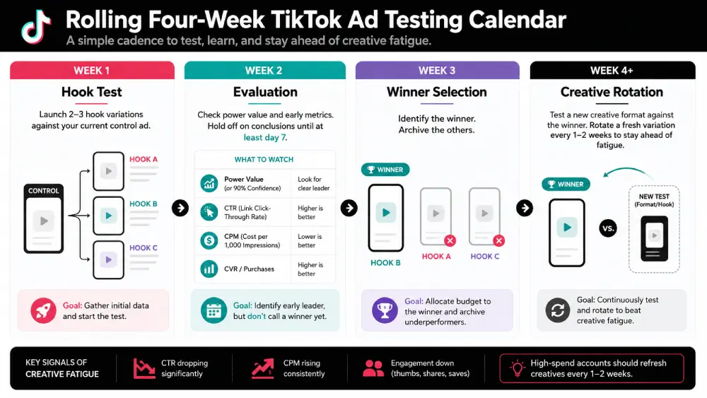 Rolling four-week TikTok ad testing calendar