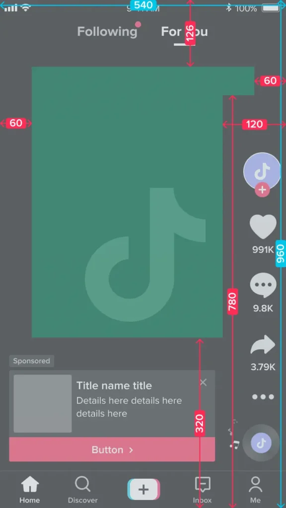 Safe zone overlay on a 9:16 TikTok ad frame