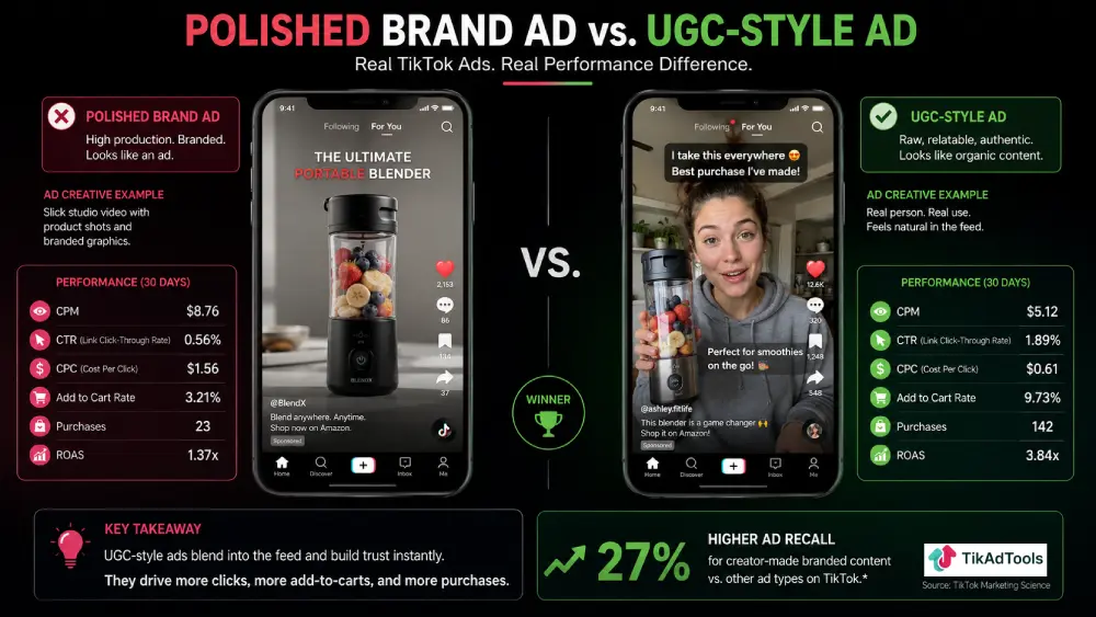 Side-by-side comparison of a polished brand ad versus a UGC-style ad