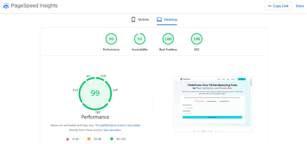 TikAdTools Page Speed Benchmarks