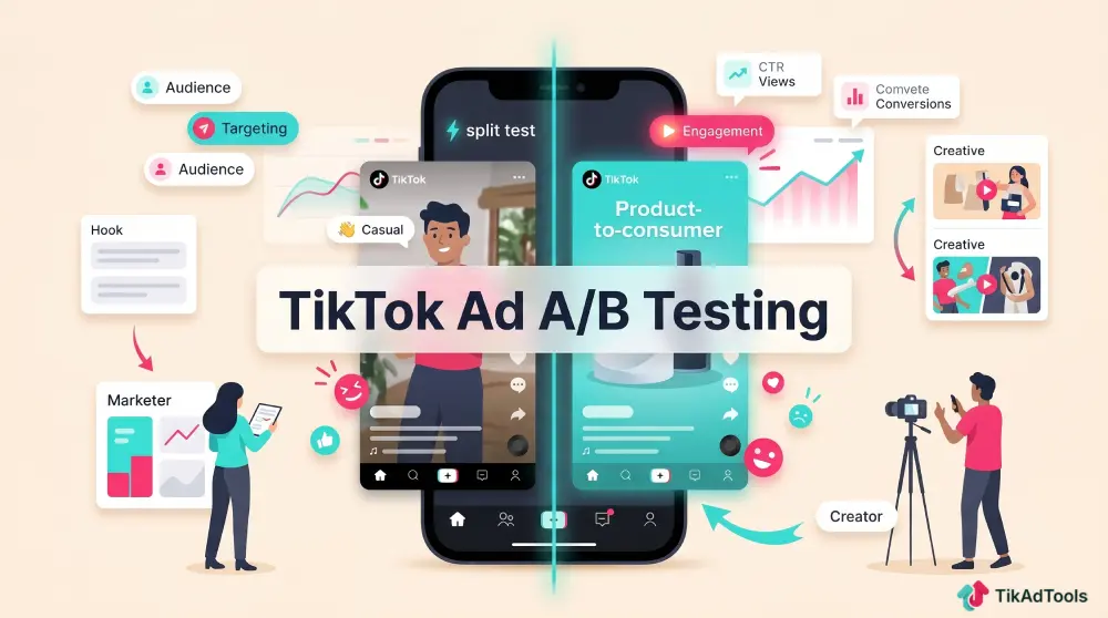 TikTok ad A/B testing illustration comparing ad creatives, hooks, and audience performance