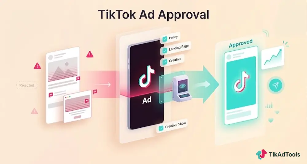 TikTok ad approval process showing rejected and approved ads with policy review and moderation checks