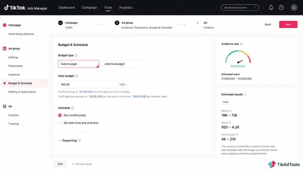 TikTok Ads Manager budget settings screen