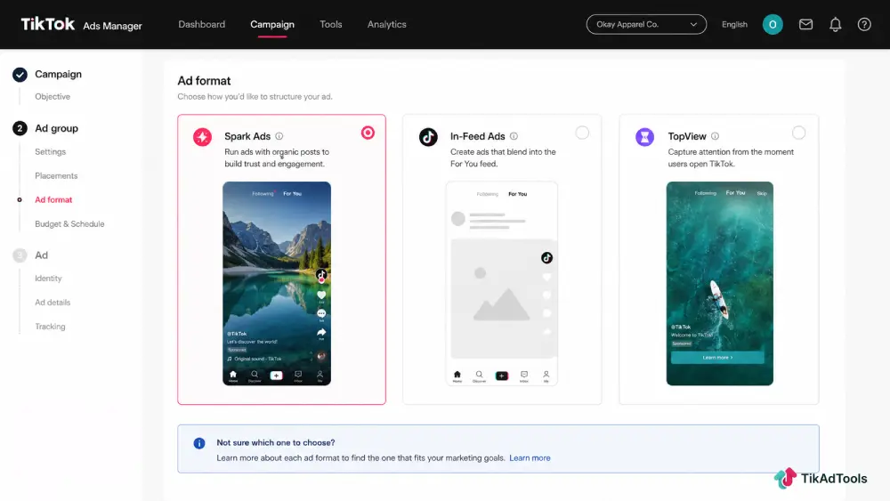 TikTok Ads Manager interface showing ad format selection between Spark Ads, In-Feed Ads, and TopView