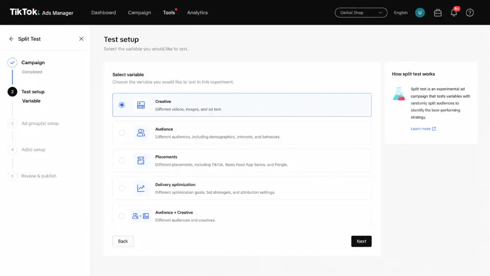 TikTok Ads Manager Split Test setup flow