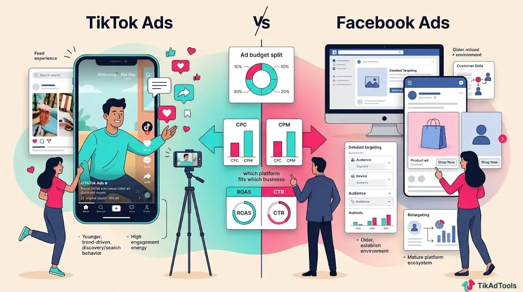TikTok ads vs Facebook ads comparison showing audience targeting, creative formats, and advertising performance