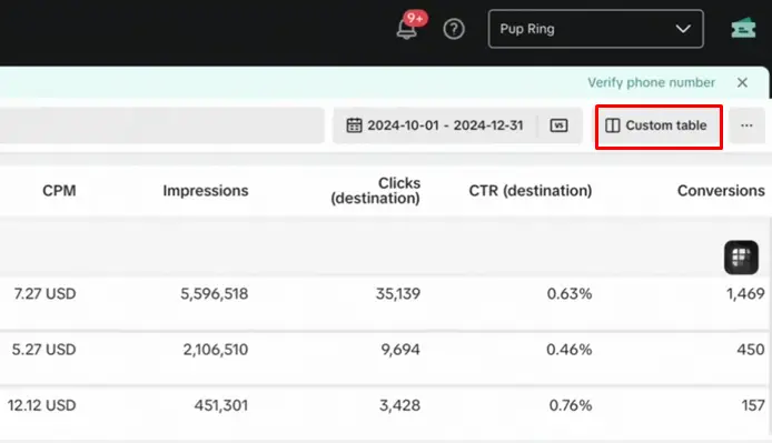 Click Customize Table