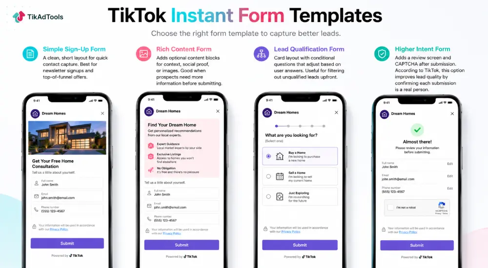 TikTok Instant Form templates side by side