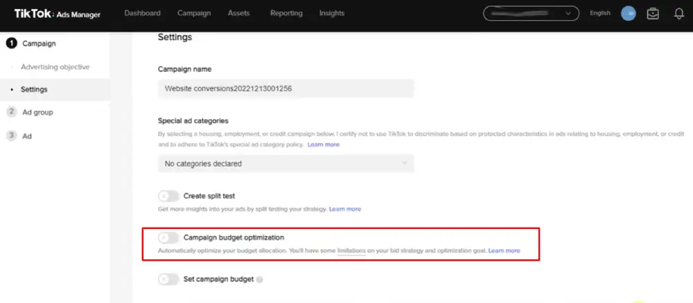 Turn on Campaign Budget Optimization