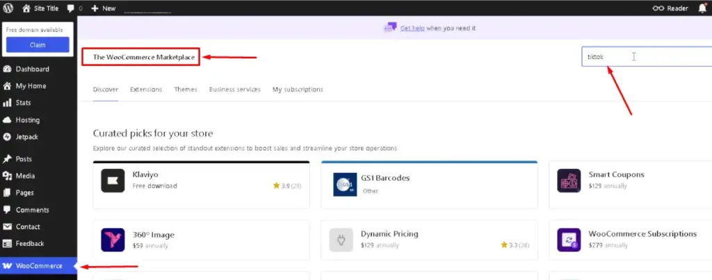 WordPress dashboard, go to Plugins and search for TikTok for WooCommerce