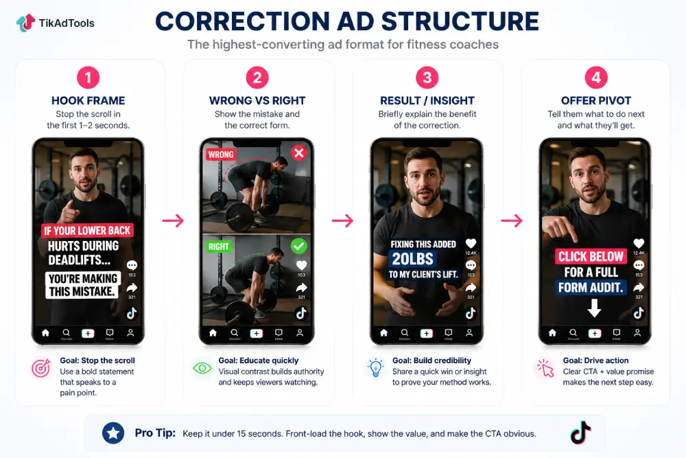 Correction ad structure: hook frame, wrong vs right demonstration, offer pivot