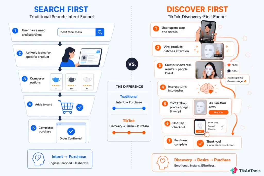 Discovery-first funnel vs traditional search-intent funnel side by side