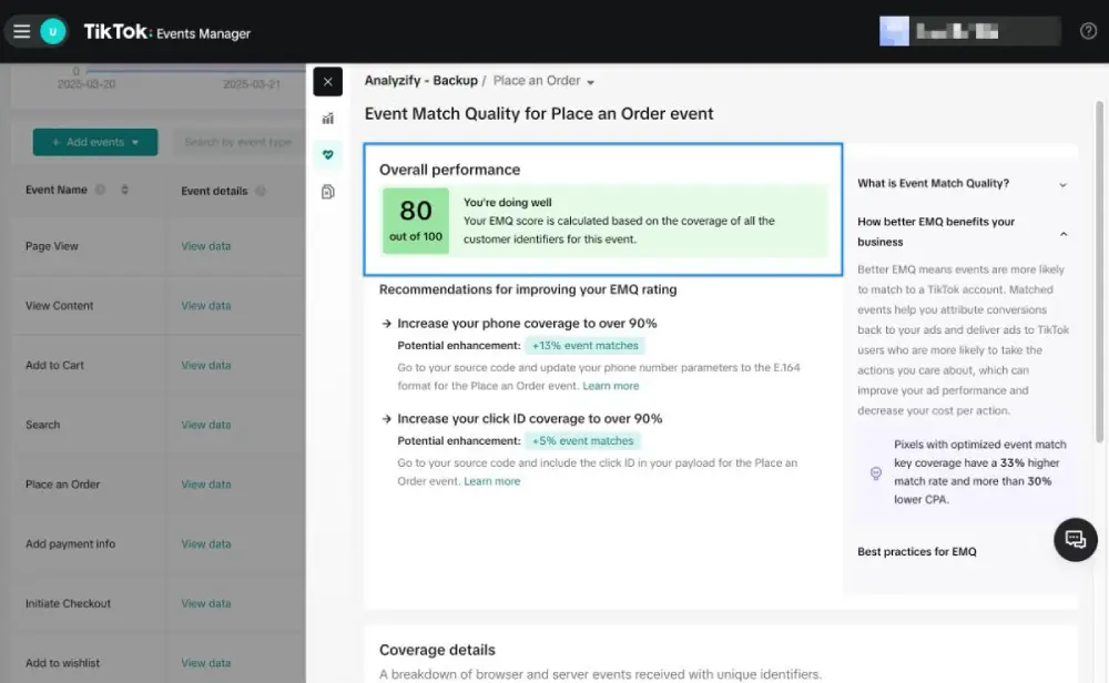 EMQ score inside Events Manager