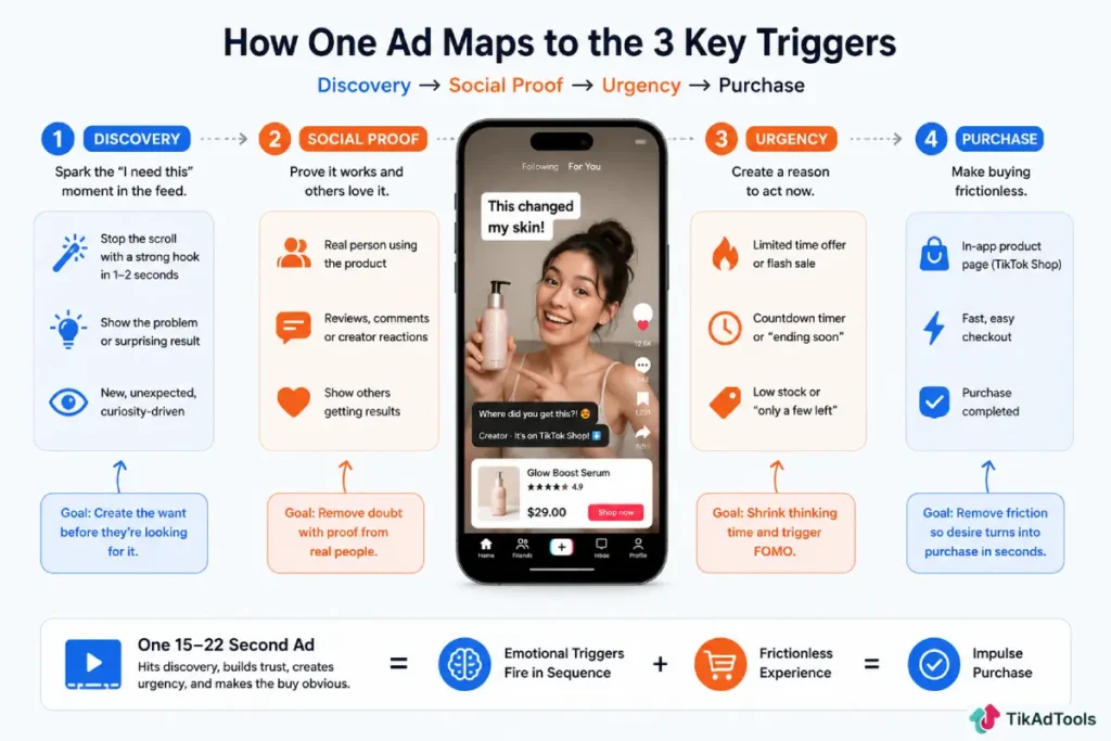 Mapping a single ad to discovery, social proof, and urgency triggers