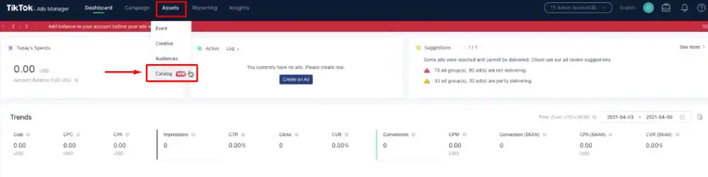 Navigate to Assets, then select Catalog