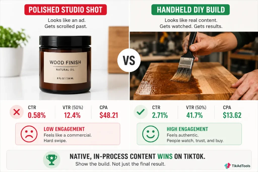 Polished studio product shot vs handheld in-progress DIY build