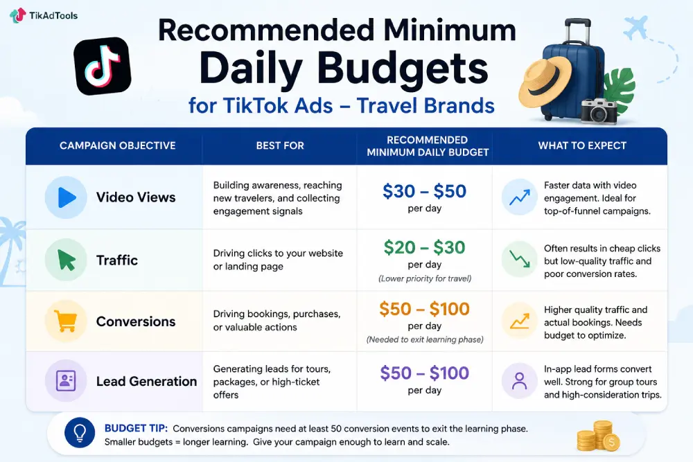 Recommended minimum daily budgets by campaign objective