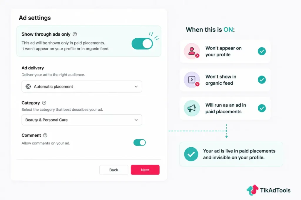 Show through ads only toggle enabled in TikTok ad settings panel