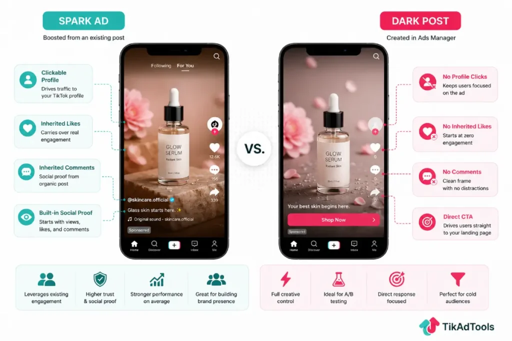 Spark Ad vs Dark Post comparison showing engagement and CTA differences