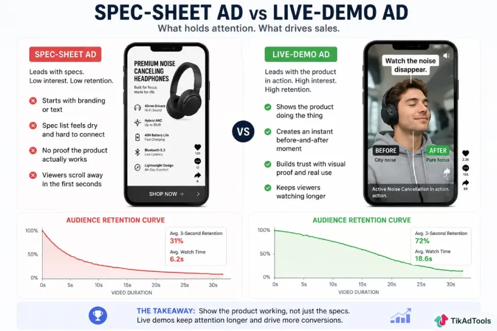 Spec-sheet ad vs live-demo ad side by side with retention curves