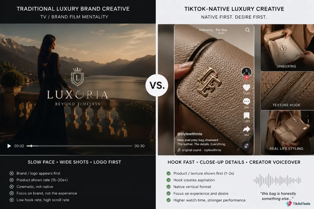 Split screen: traditional luxury brand creative vs TikTok-native luxury creative