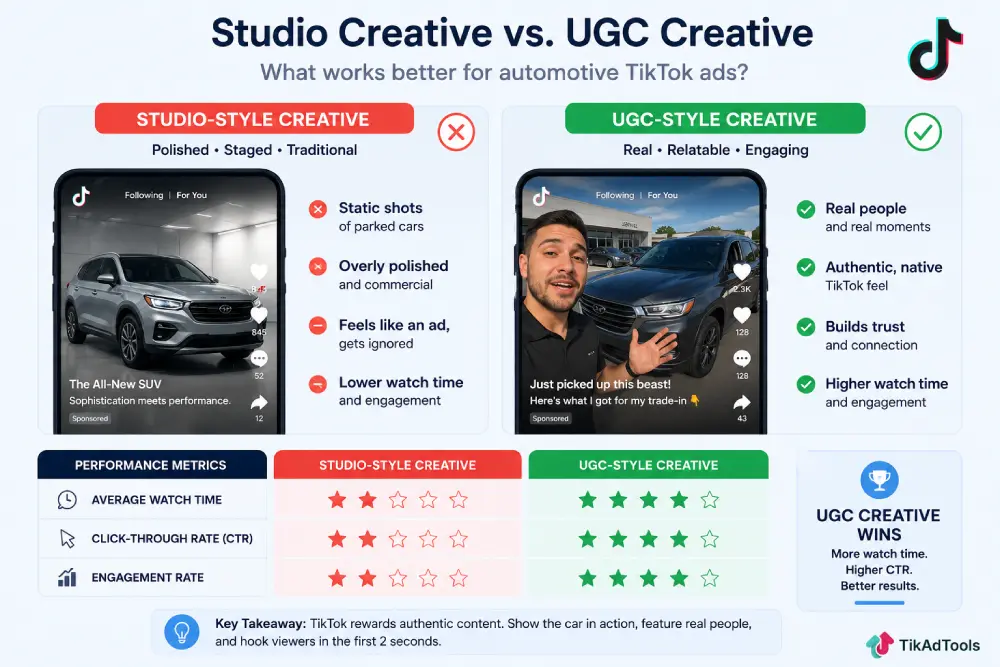 Studio-style automotive creative vs. UGC-style automotive creative