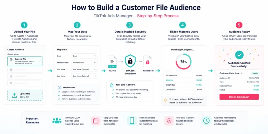 TikTok Ads Manager customer file upload process with hashing confirmation screen
