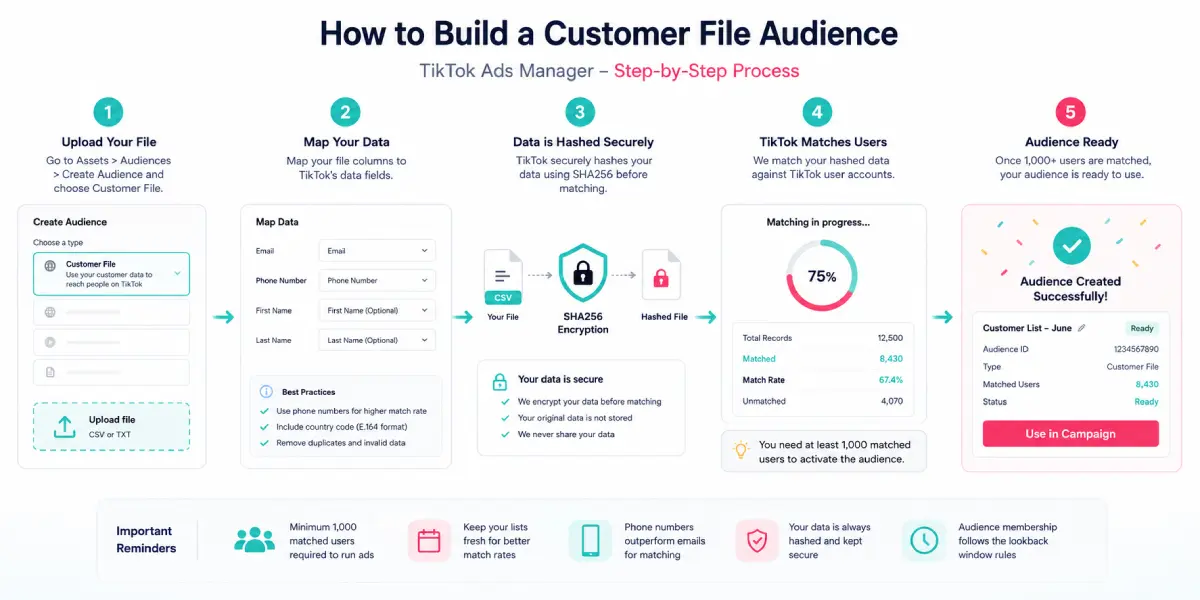 TikTok Ads Manager customer file upload process with hashing confirmation screen