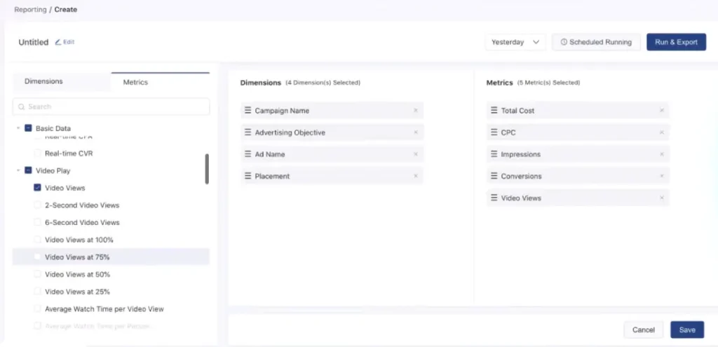 TikTok Ads Manager custom report builder