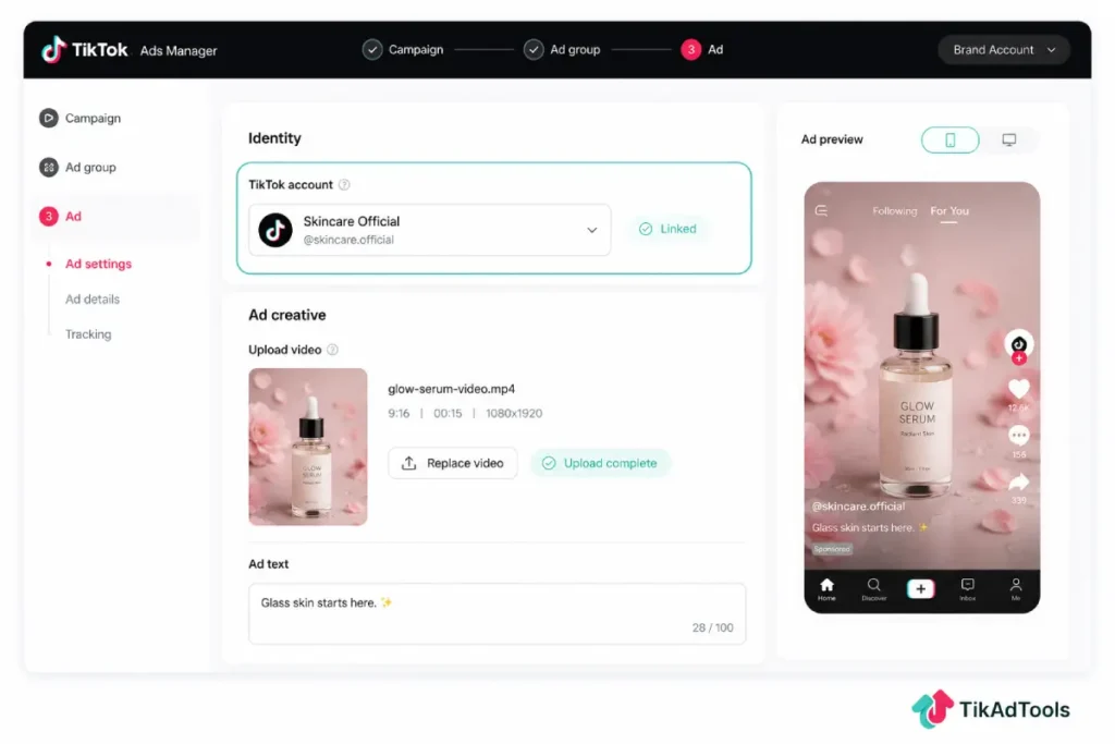 TikTok Ads Manager showing linked account and video upload