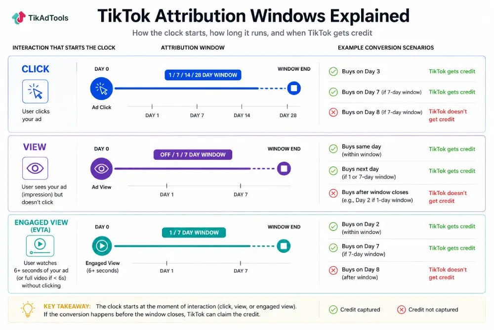 Timeline showing click, view, and engaged view attribution windows