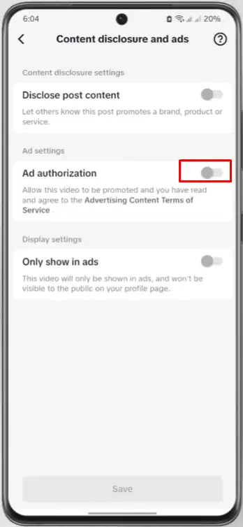Toggle on Ad authorization