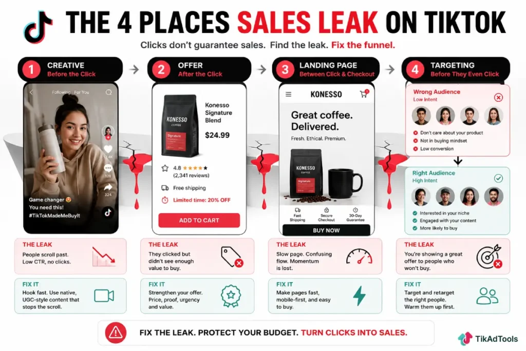 Four-stage TikTok funnel showing where sales leak