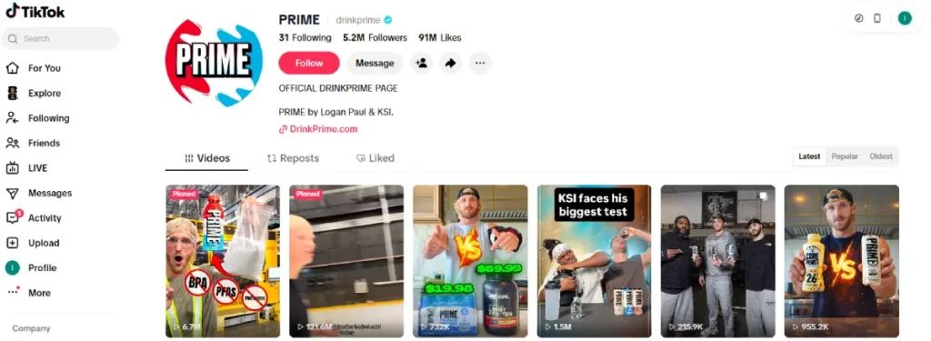 Prime Hydration's TikTok