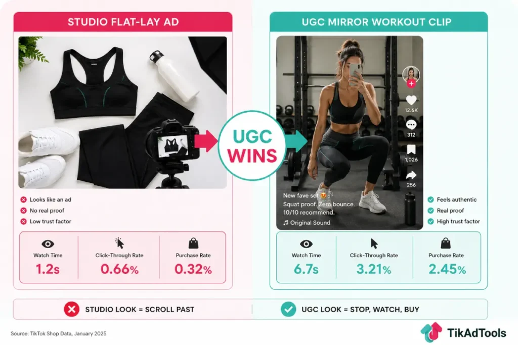 Studio flat-lay sportswear ad vs UGC mirror workout