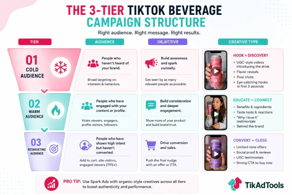 Three-tier TikTok beverage campaign structure