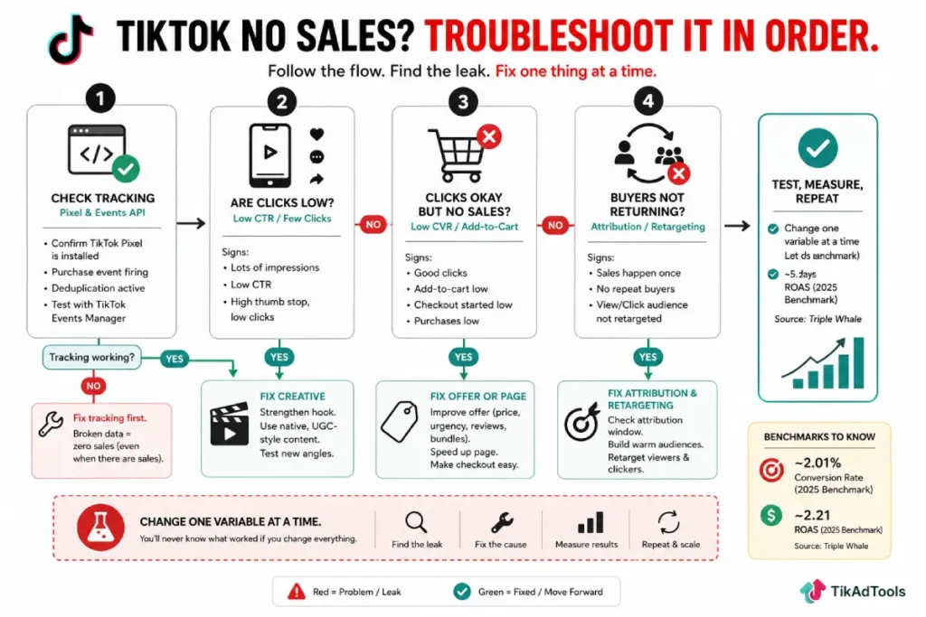 TikTok no-sales troubleshooting flow from pixel check to single-variable fix