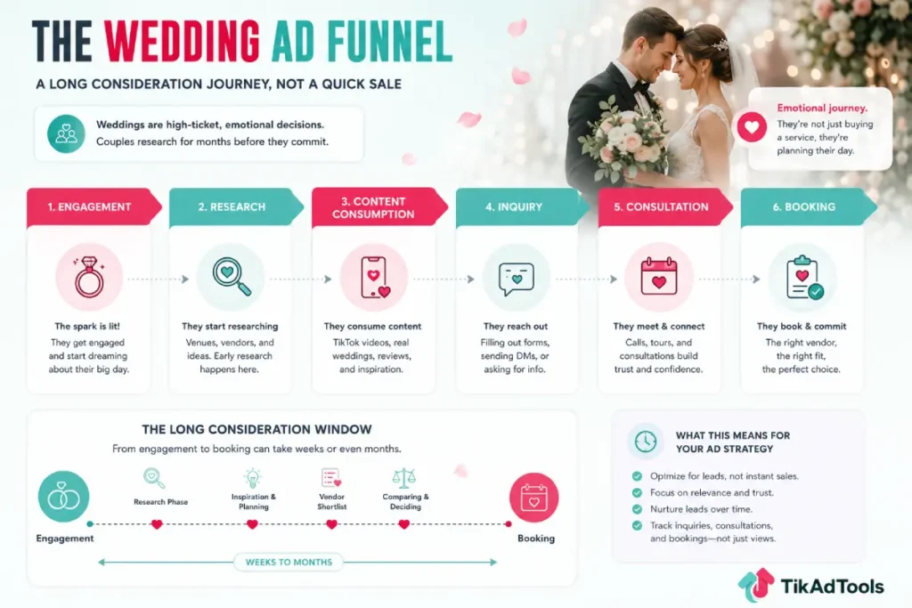 Wedding ad funnel showing long consideration window from engagement to booking