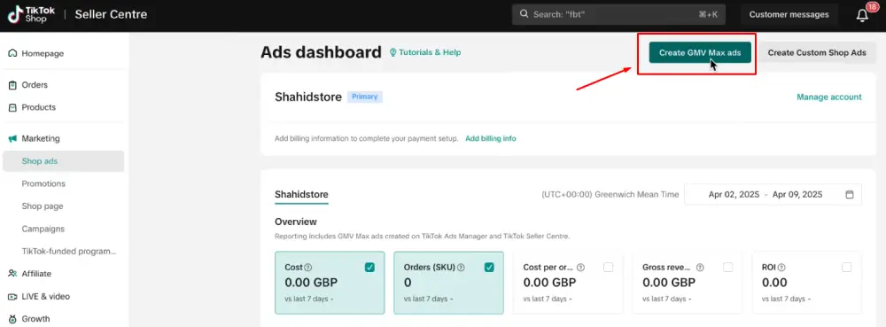Click "Create GMV Max ads"