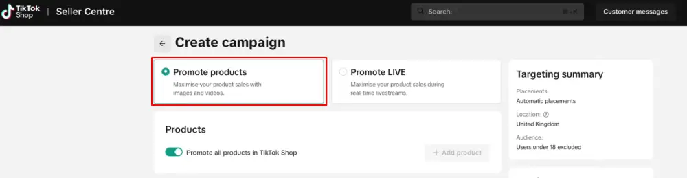 Click "Promote products" for GMV Max Product ads