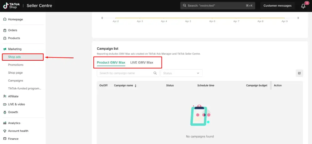 Log in to Seller Center and click "Shop Ads" to find GMV Max