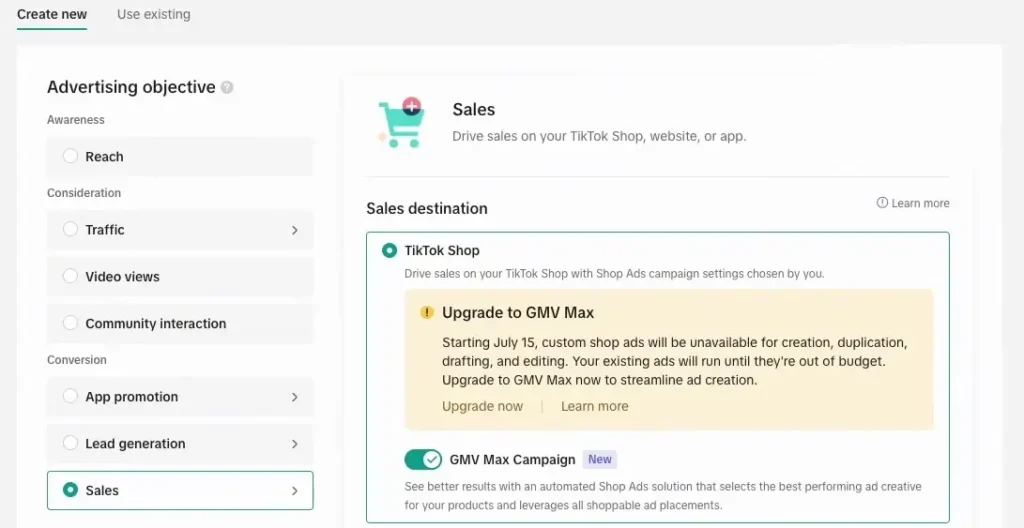Select the TikTok Shop, then select GMV Max Campaign