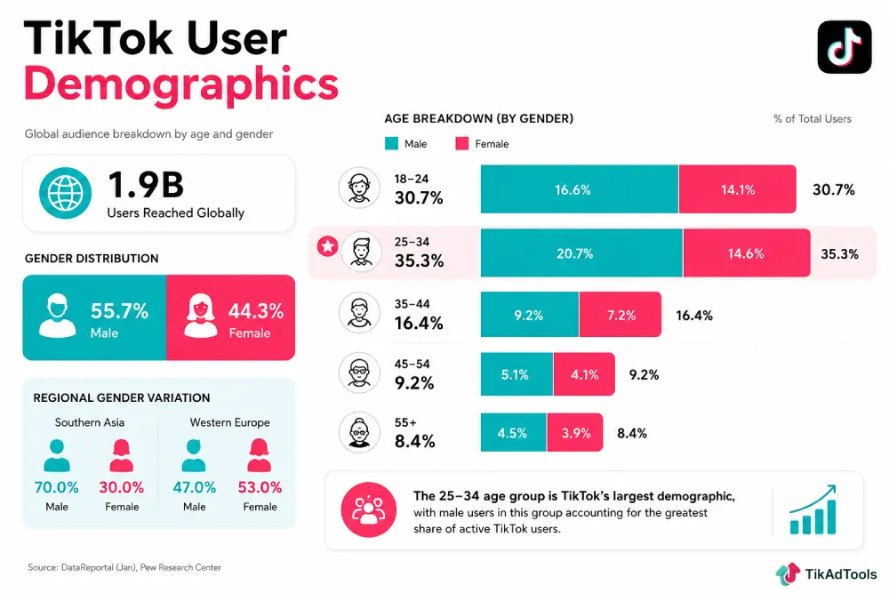 TikTok user demographics breakdown by age and gender
