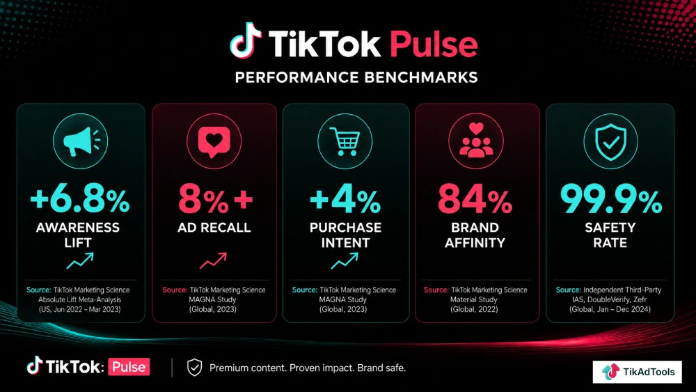 Visual summary of five TikTok Pulse performance benchmarks