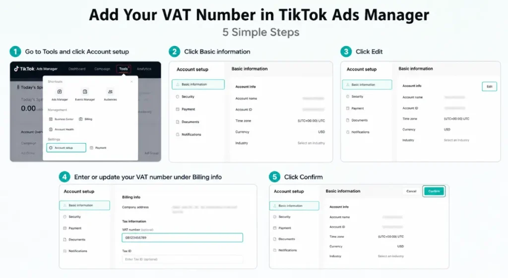 TikTok Ads Manager VAT number setup steps
