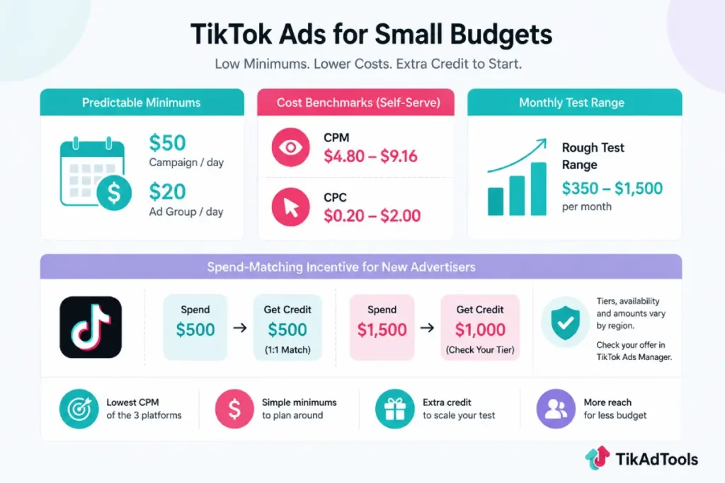 TikTok Ads minimum budgets and spend matching credits infographic
