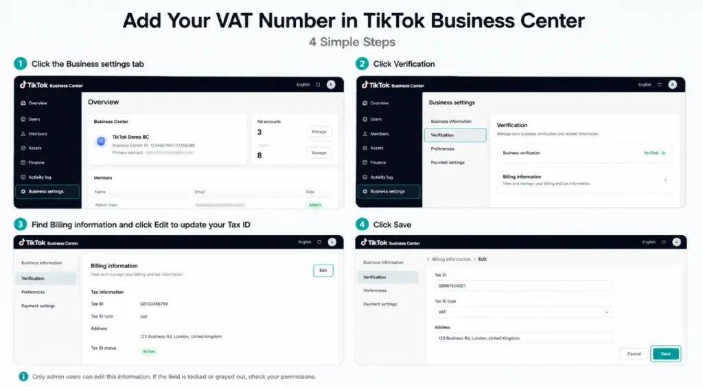 TikTok Business Center VAT number setup steps